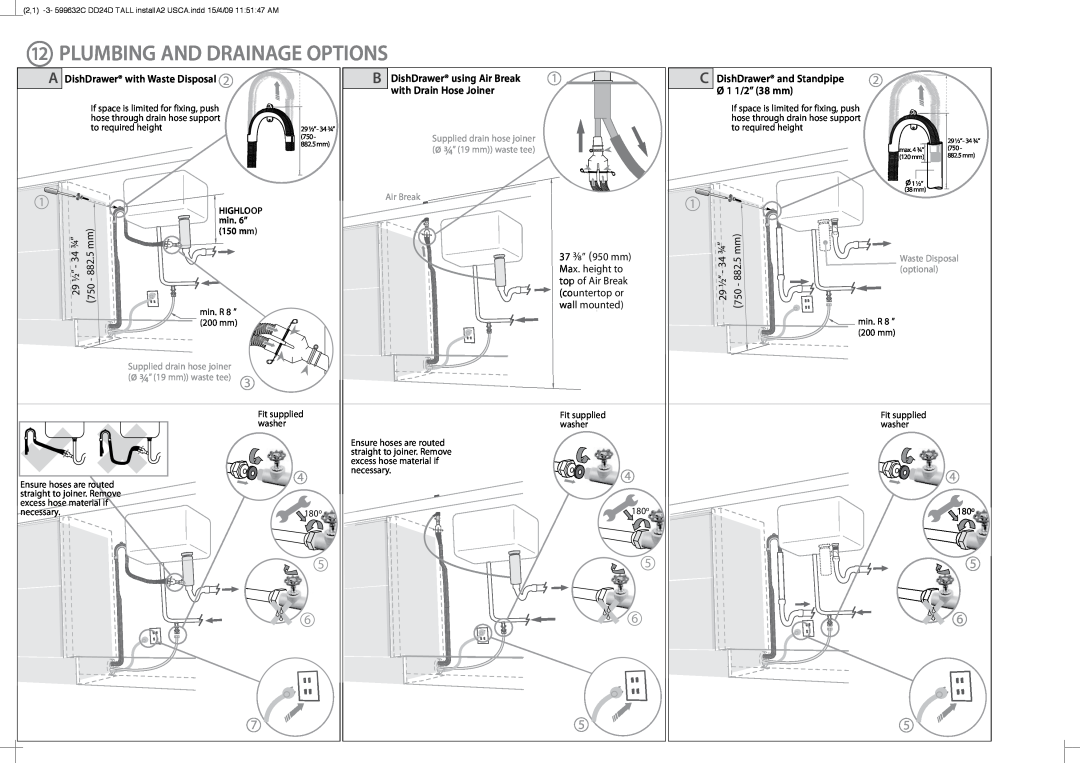 Fisher & Paykel DD24DT Plumbing And Drainage Options, with Drain Hose Joiner, DishDrawer and Standpipe, Ø 1 1/2” 38 mm 
