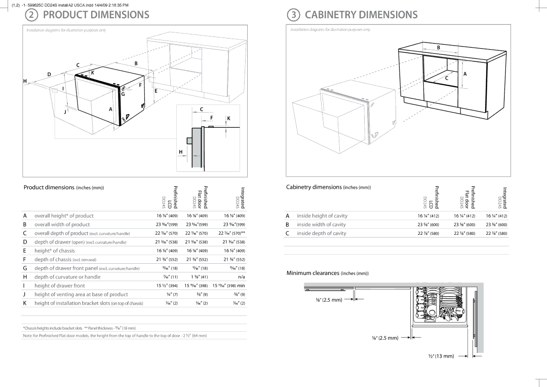 Fisher & Paykel DD24S Product Dimensions, Cabinetry Dimensions, Product dimensions inches mm, Minimum clearances inches mm 