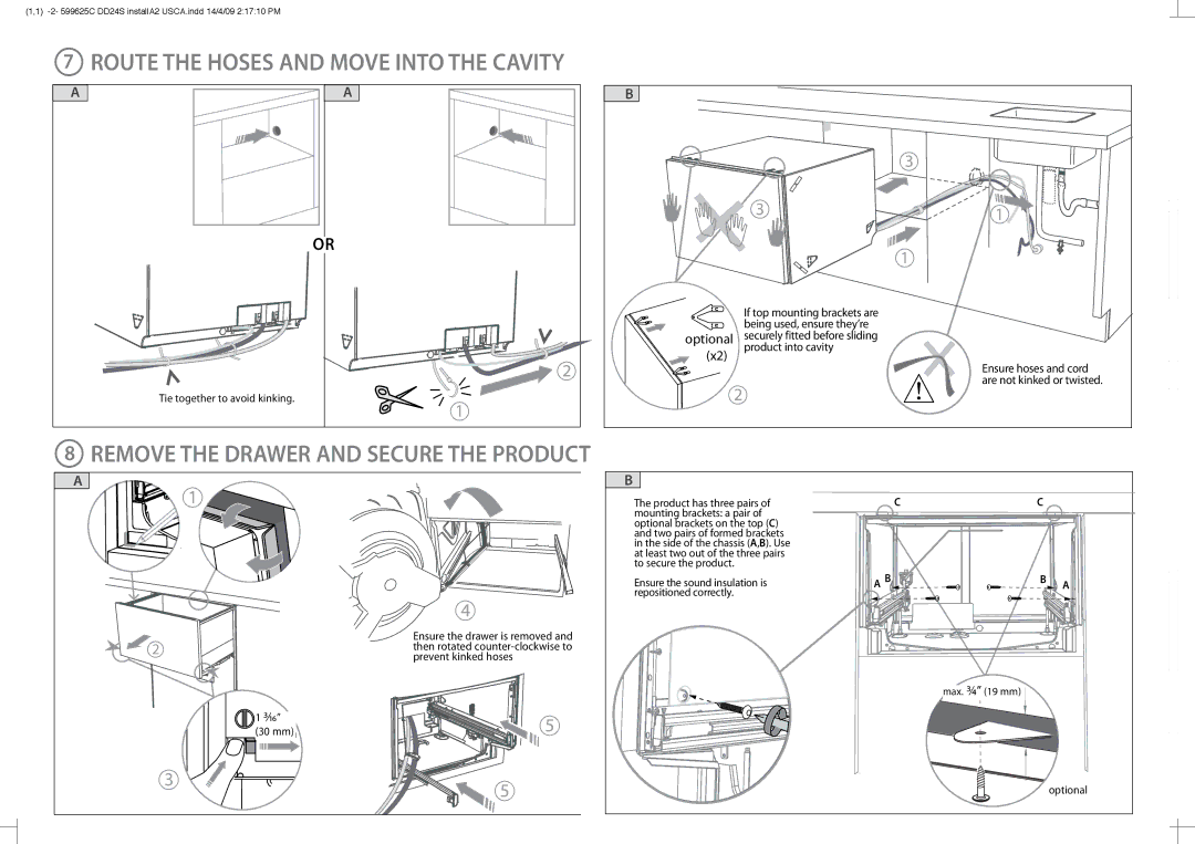 Fisher & Paykel DD24S manual Route the Hoses and Move Into the Cavity, Remove the Drawer and Secure the Product, Optional 