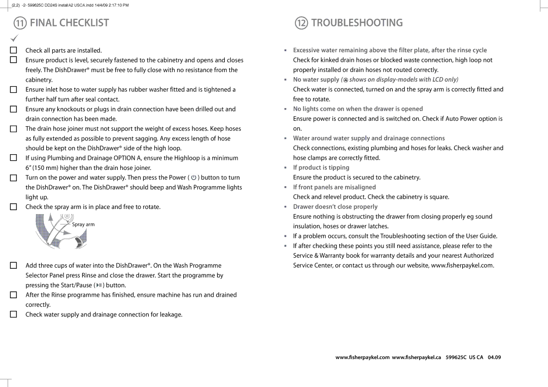 Fisher & Paykel DD24S manual Final Checklist, Troubleshooting, Ensure the product is secured to the cabinetry 