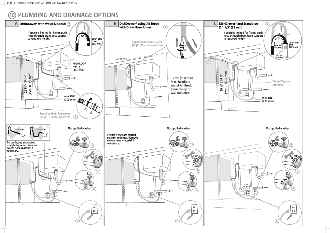Fisher & Paykel DD24S Plumbing And Drainage Options, A DishDrawer with Waste Disposal, with Drain Hose Joiner, min. 6” 