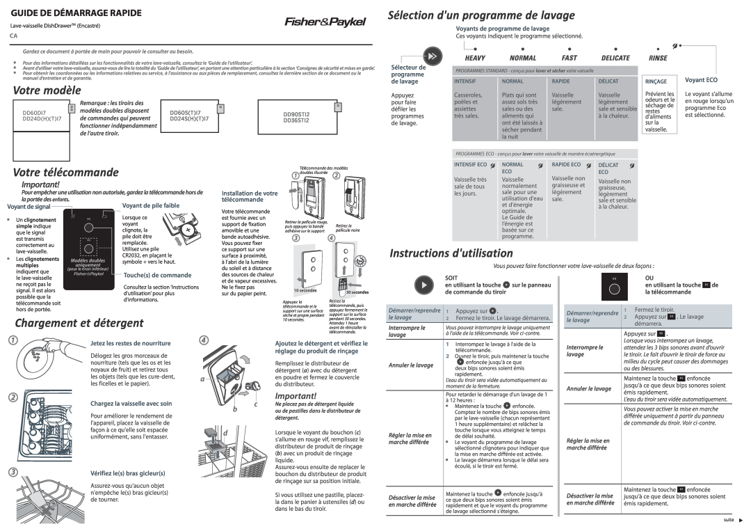 Fisher & Paykel DD24SI7 manual Sélection dun programme de lavage, Votre modèle, Votre télécommande, Soit, la télécommande 