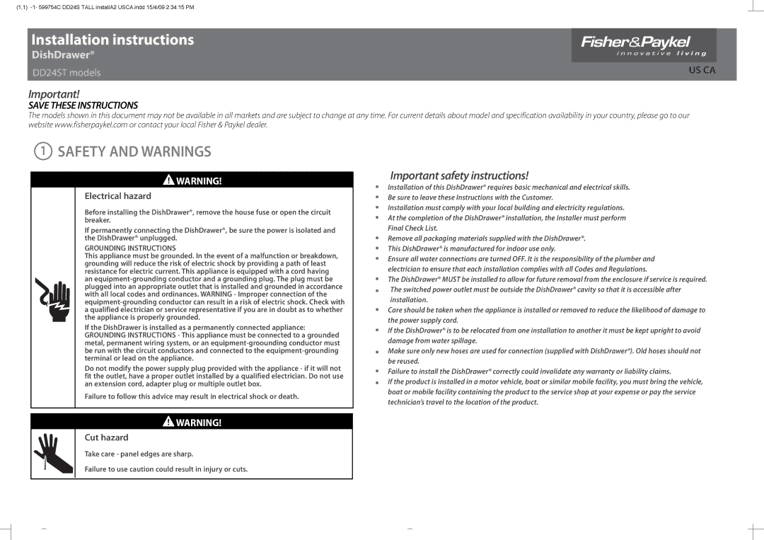 Fisher & Paykel DD24ST installation instructions Installation instructions, Safety and Warnings 