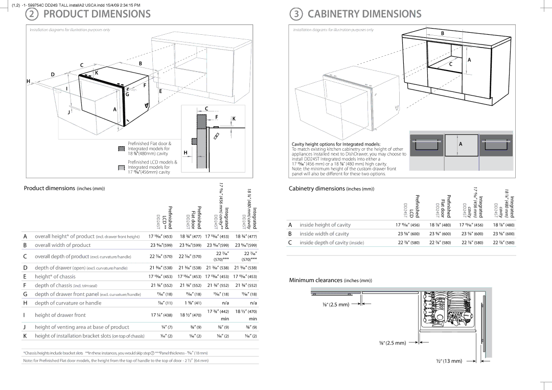 Fisher & Paykel DD24ST installation instructions Product Dimensions, Cabinetry Dimensions 