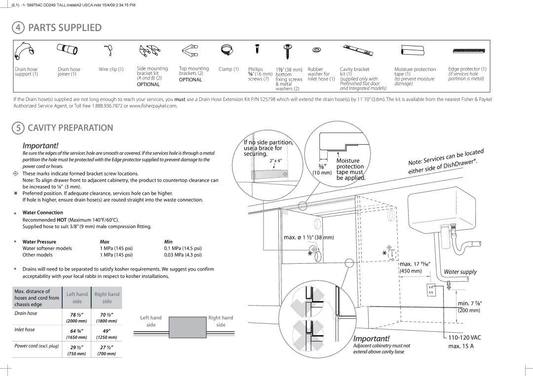 Fisher & Paykel DD24ST installation instructions Parts Supplied, Cavity Preparation 