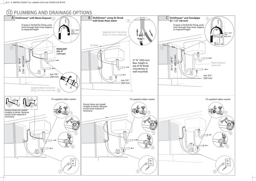 Fisher & Paykel DD24ST installation instructions Plumbing and Drainage Options, DishDrawer with Waste Disposal 