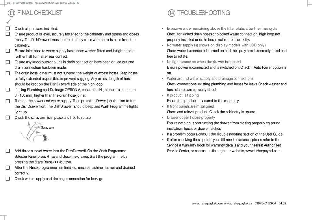 Fisher & Paykel DD24ST installation instructions Final Checklist, Troubleshooting 