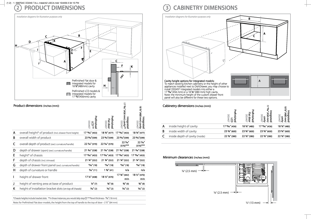 Fisher & Paykel DD24ST installation instructions 2PRODUCT DIMENSIONS, 3CABINETRY DIMENSIONS 