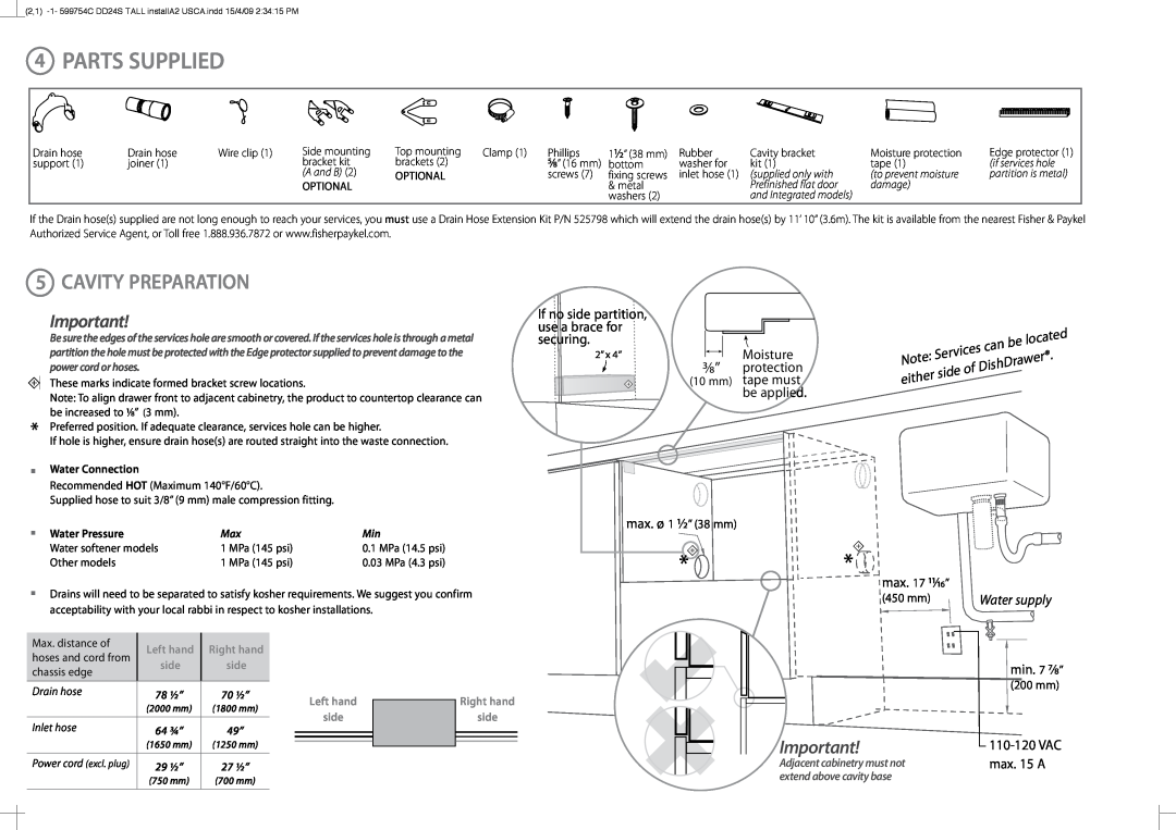 Fisher & Paykel DD24ST installation instructions 4PARTS SUPPLIED, Cavity Preparation 