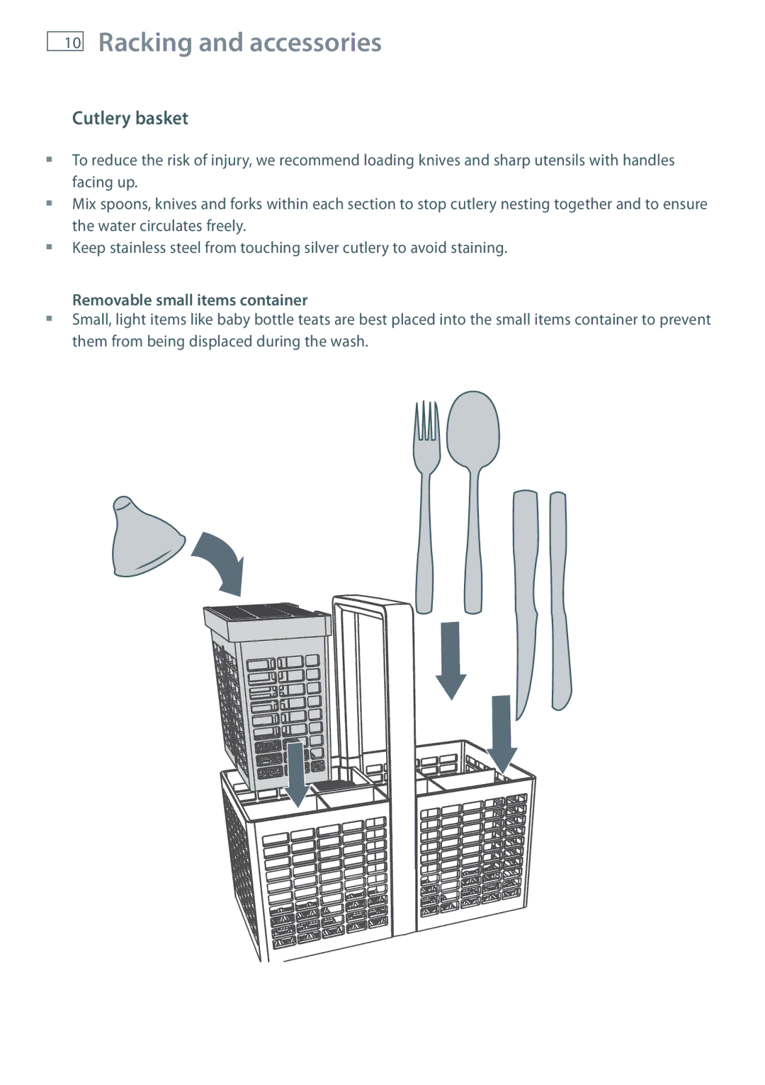 Fisher & Paykel DD36, DD90 manual Racking and accessories, Cutlery basket, Removable small items container 