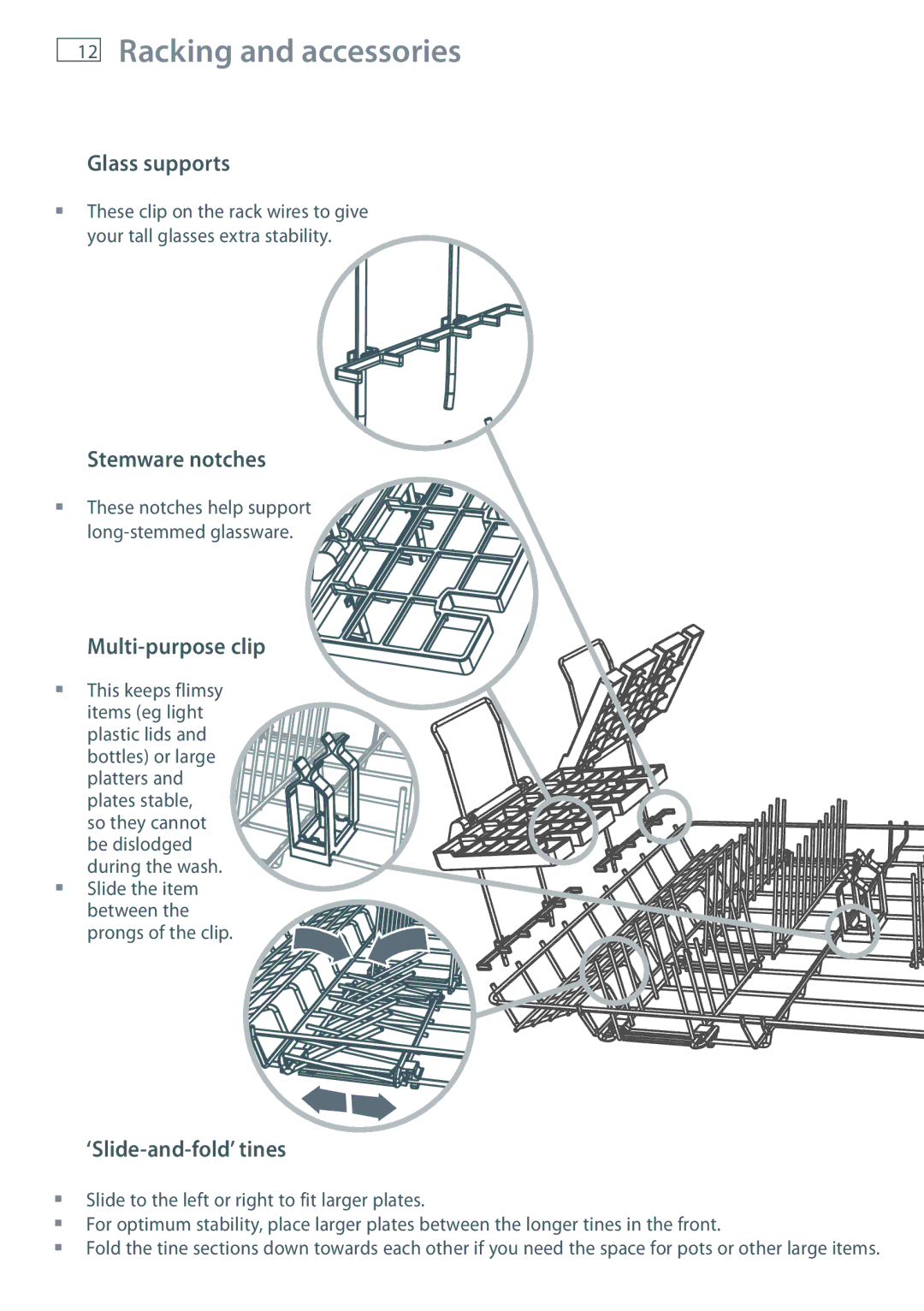 Fisher & Paykel DD36, DD90 manual Glass supports, Stemware notches, Multi-purpose clip, ‘Slide-and-fold’ tines 