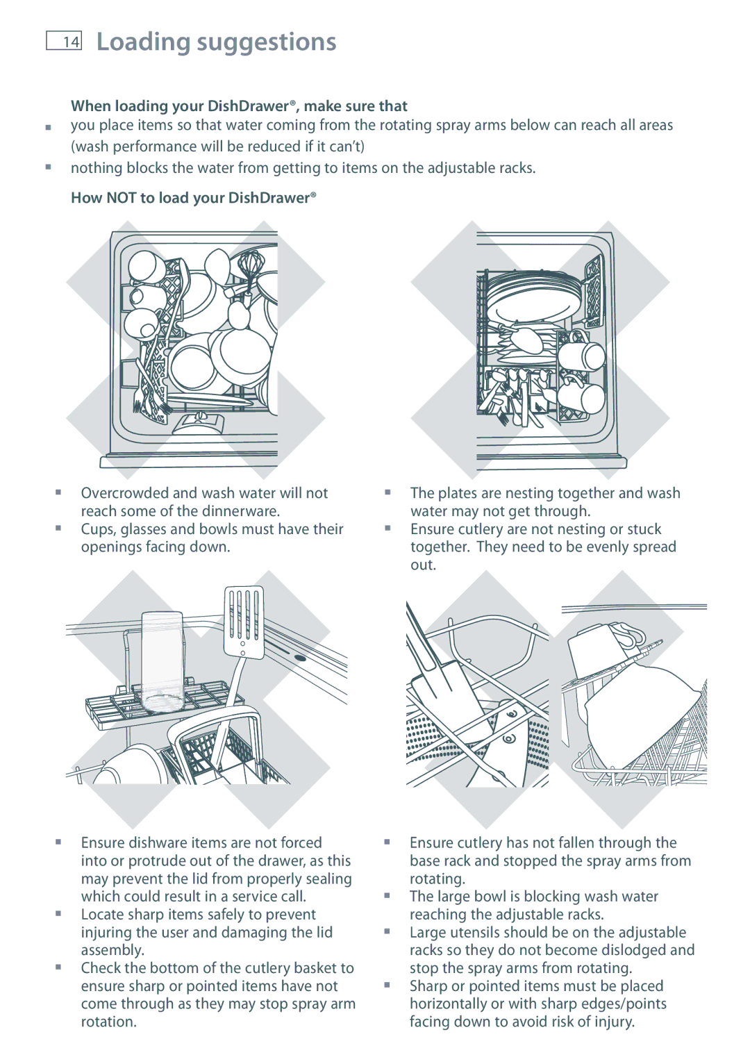 Fisher & Paykel DD36 Loading suggestions, When loading your DishDrawer, make sure that, How not to load your DishDrawer 