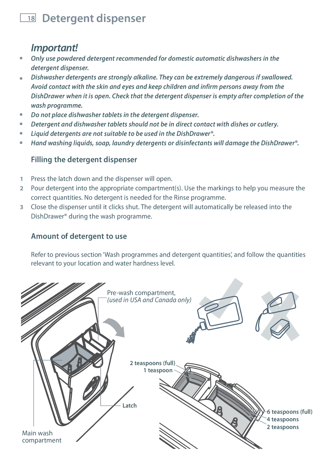 Fisher & Paykel DD36, DD90 manual Detergent dispenser, Filling the detergent dispenser, Amount of detergent to use 