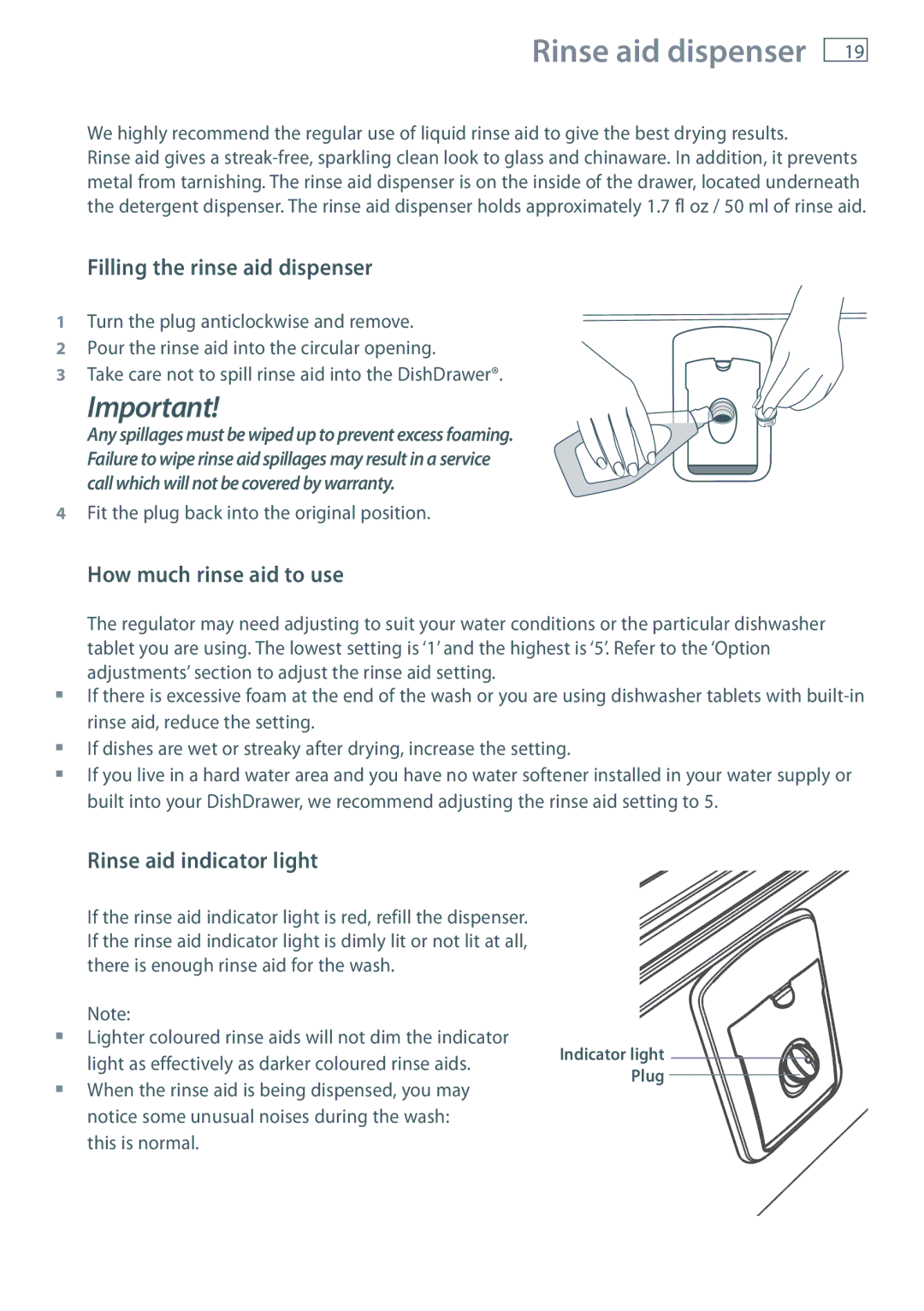 Fisher & Paykel DD90, DD36 manual Rinse aid dispenser, Filling the rinse aid dispenser, How much rinse aid to use 