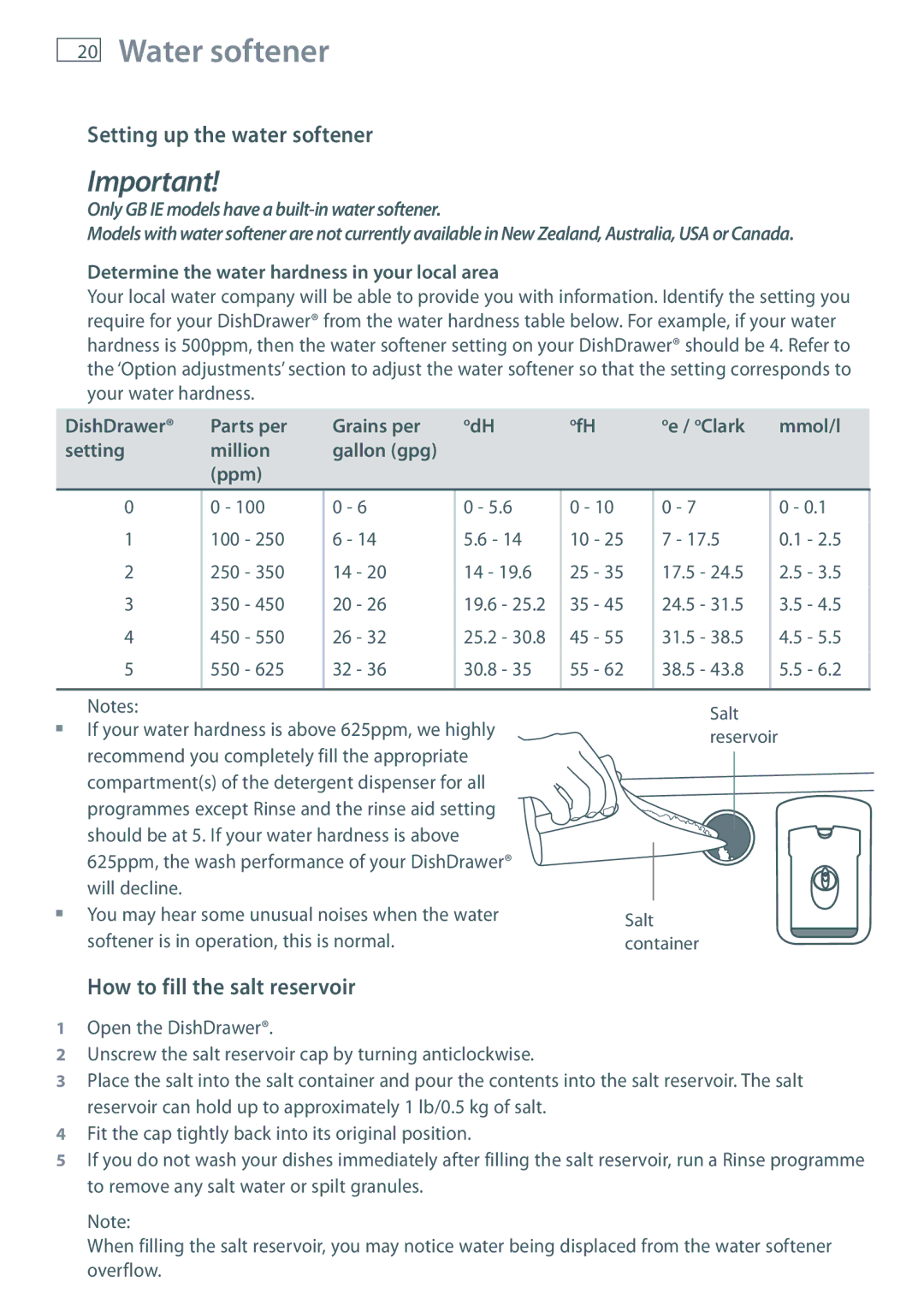 Fisher & Paykel DD36, DD90 manual Water softener, Setting up the water softener, How to fill the salt reservoir 