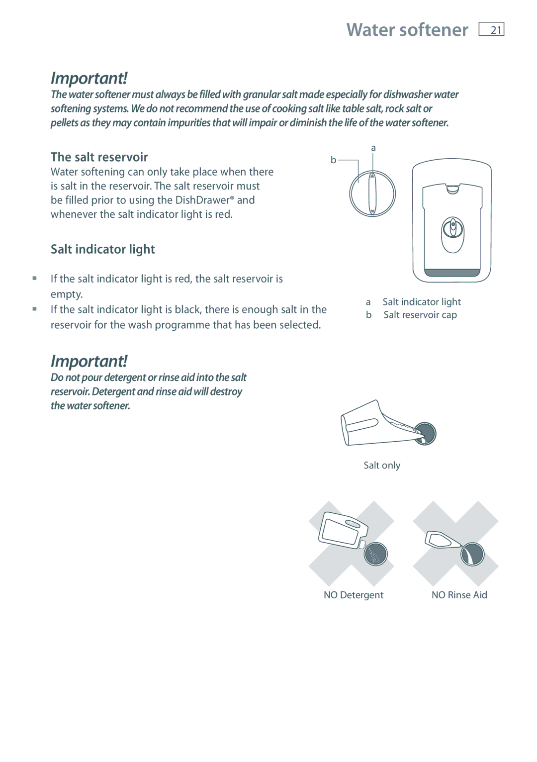 Fisher & Paykel DD90, DD36 manual Salt reservoir, Salt indicator light 