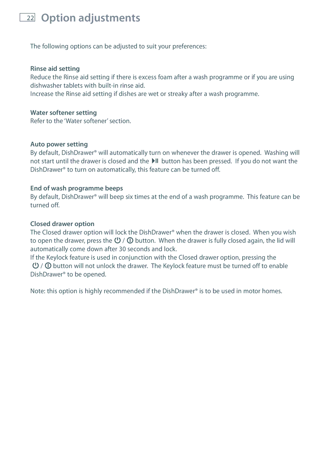 Fisher & Paykel DD36, DD90 manual Option adjustments 