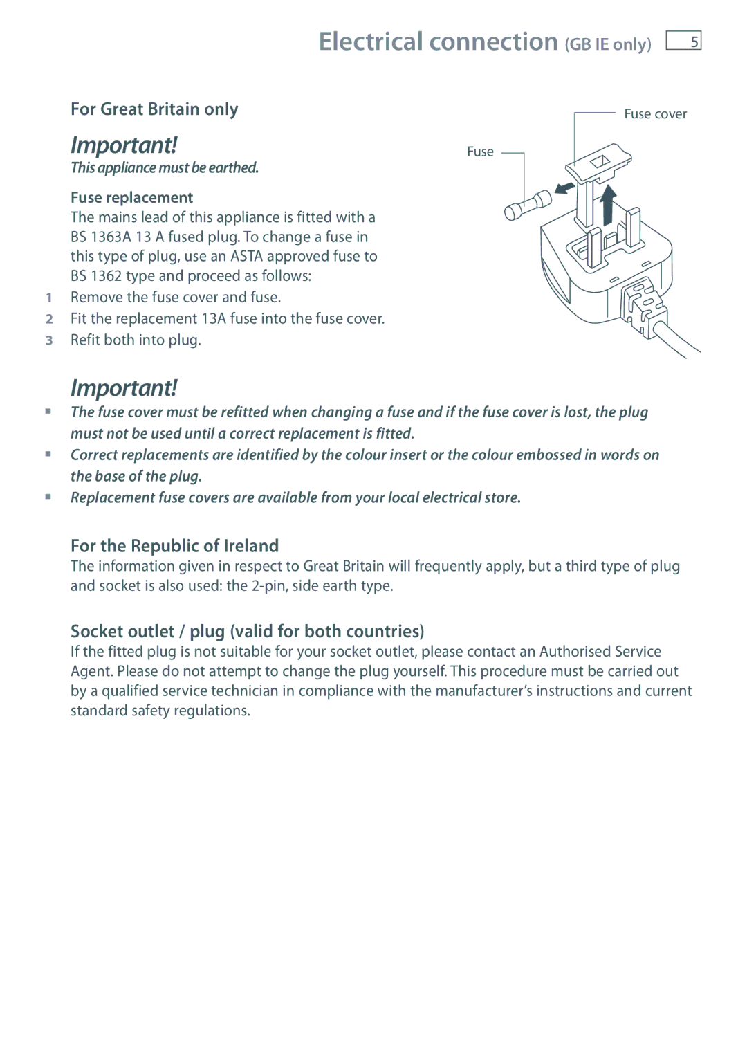 Fisher & Paykel DD90 For Great Britain only, For the Republic of Ireland, Socket outlet / plug valid for both countries 