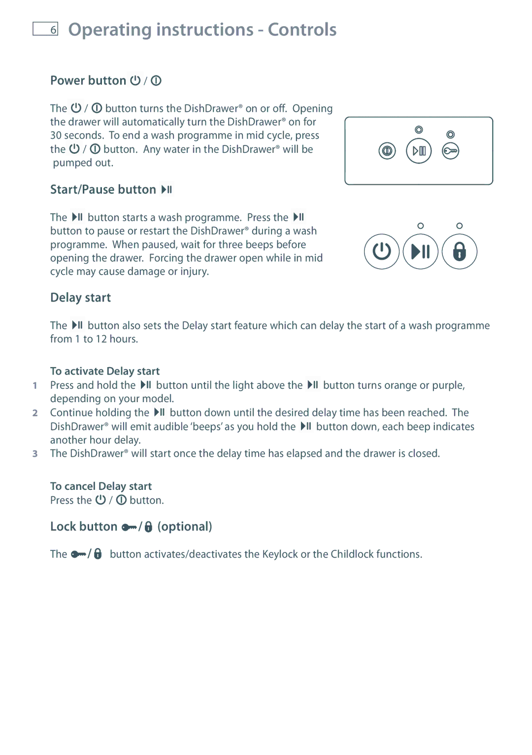 Fisher & Paykel DD36, DD90 manual Operating instructions Controls, Power button, Start/Pause button, Delay start 