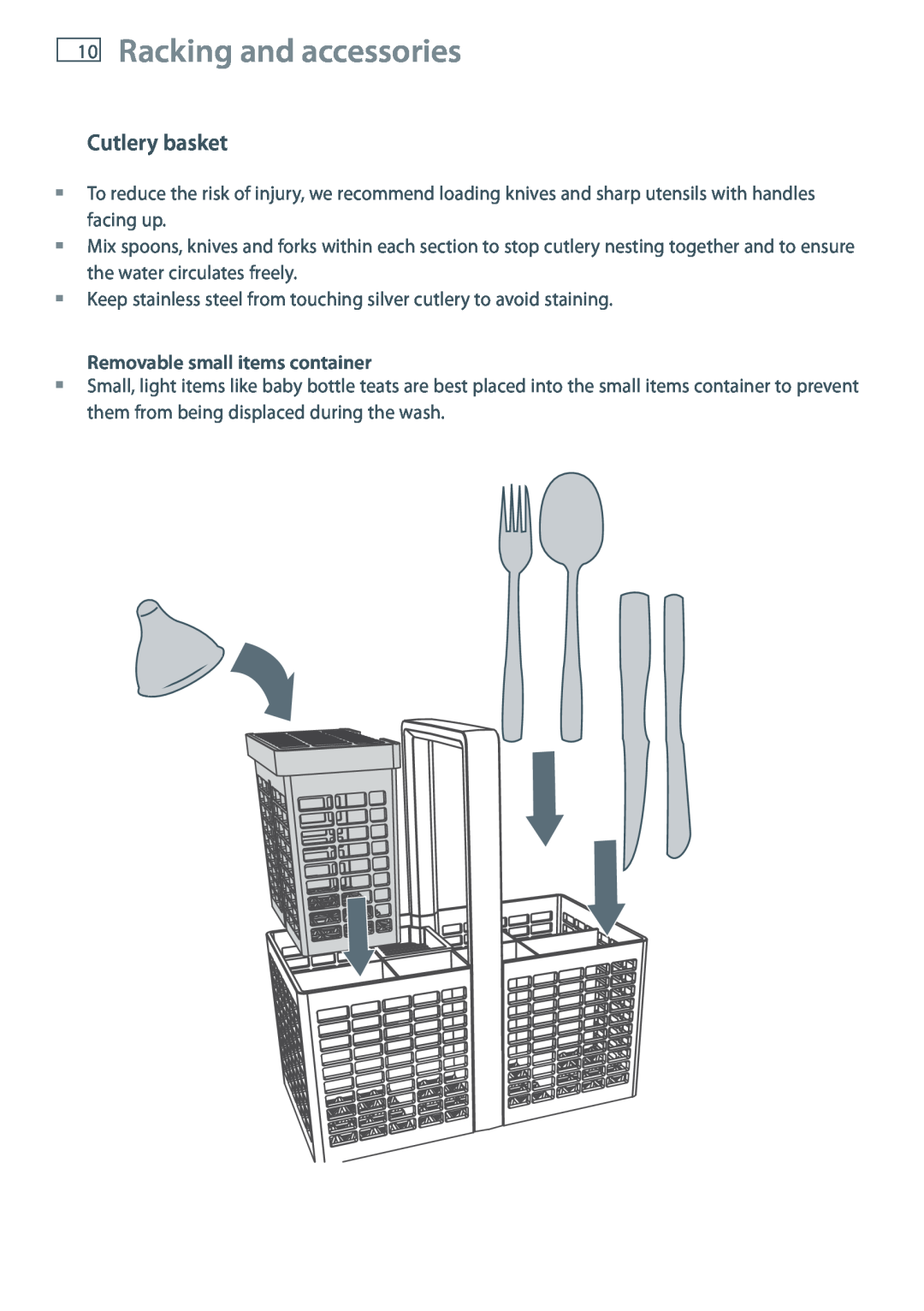 Fisher & Paykel DD36, DD90 manual Racking and accessories, Cutlery basket, Removable small items container 