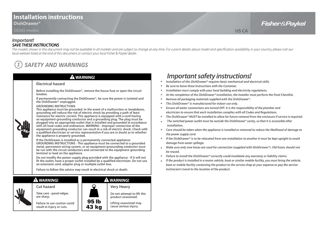 Fisher & Paykel DD36S important safety instructions Installation instructions, Safety and Warnings 