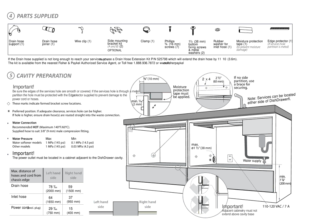 Fisher & Paykel DD36S Parts Supplied, Cavity Preparation, Moisture protection tape must be applied, Max 