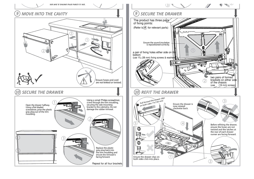 Fisher & Paykel DD36S important safety instructions Move Into the Cavity, Secure the Drawer, Refit the Drawer 