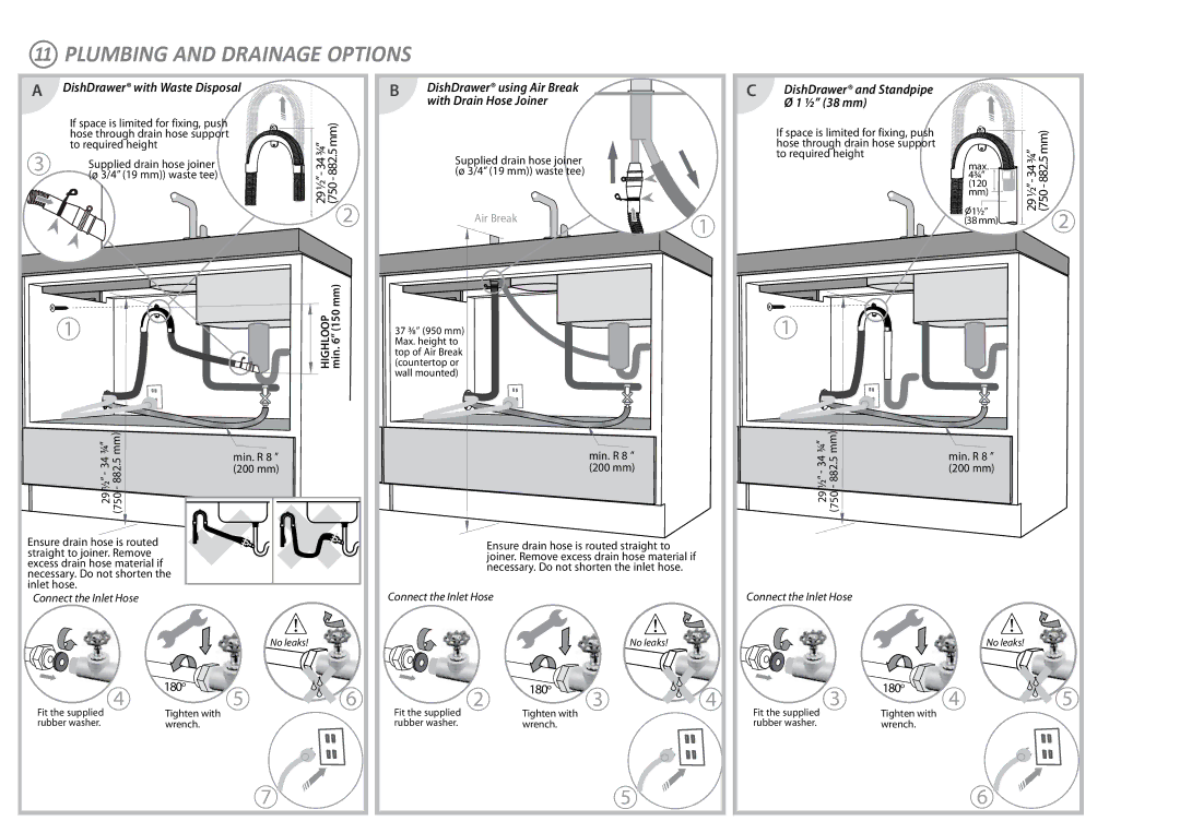 Fisher & Paykel DD36S Plumbing and Drainage Options, DishDrawer with Waste Disposal, With Drain Hose Joiner 