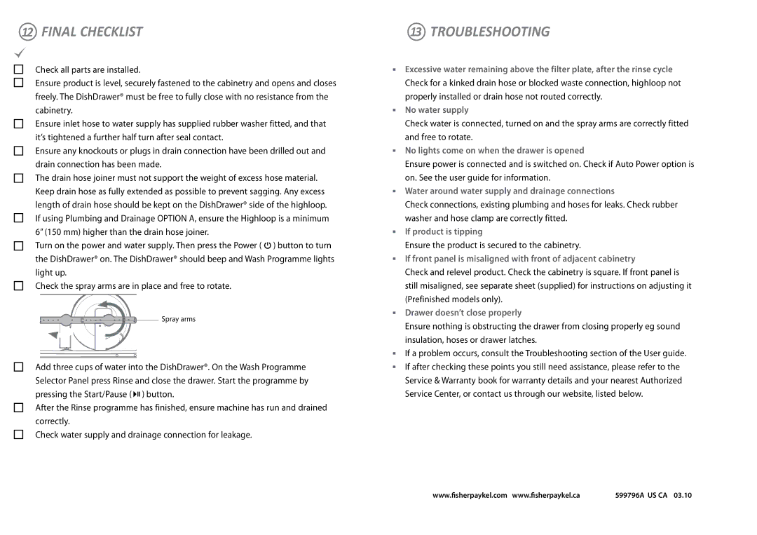 Fisher & Paykel DD36S Final Checklist, Troubleshooting, Ensure the product is secured to the cabinetry, 599796A US CA 