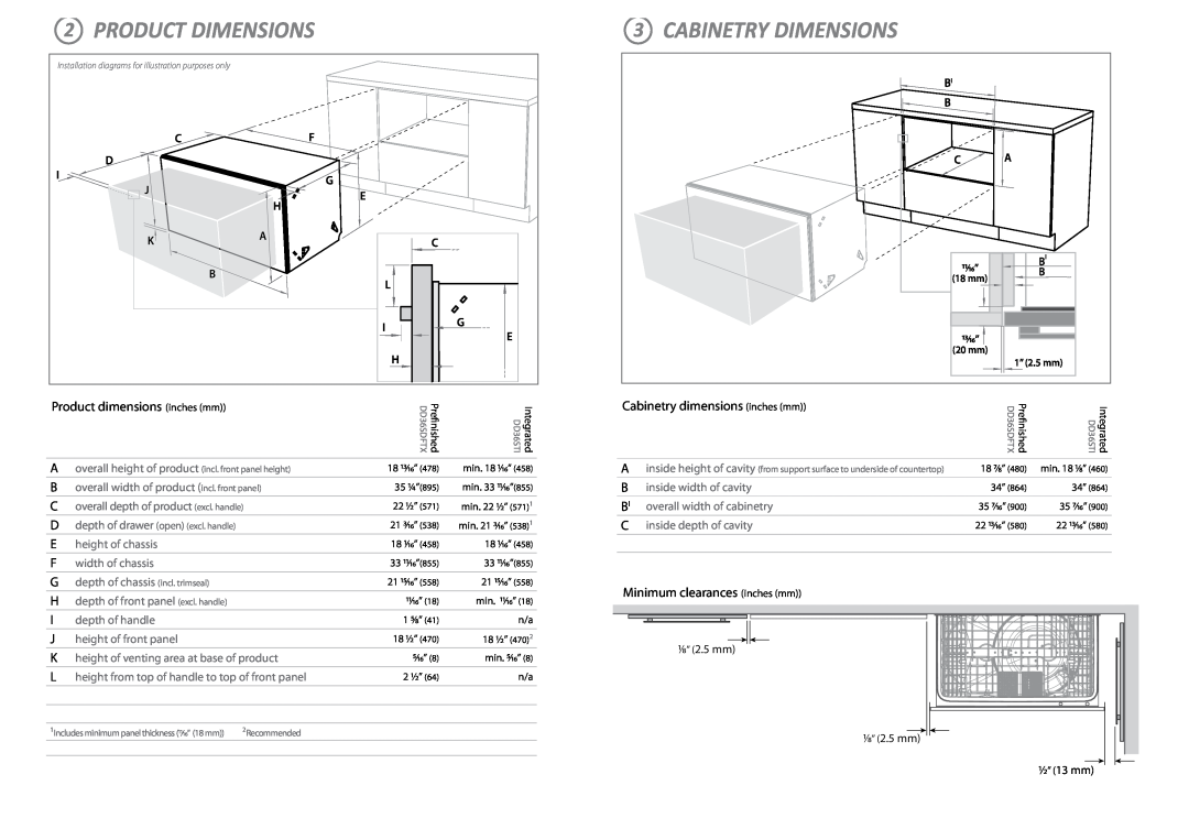 Fisher & Paykel DD36S important safety instructions Product Dimensions, Cabinetry Dimensions, Product dimensions inches mm 