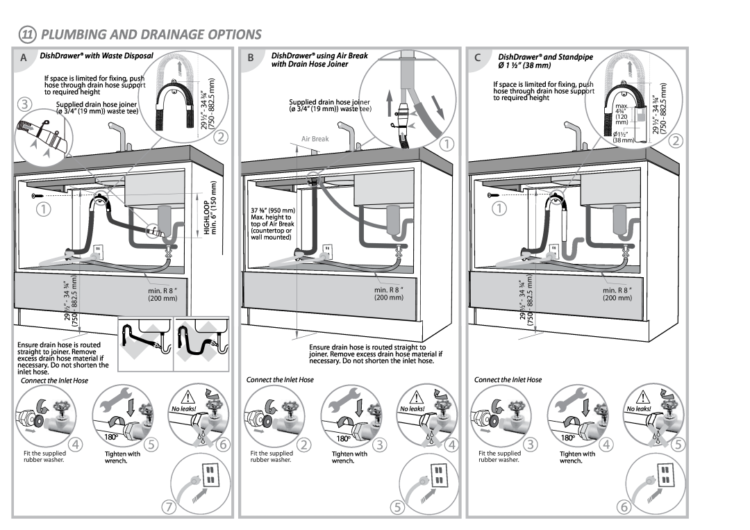Fisher & Paykel DD36S Plumbing And Drainage Options, A DishDrawer with Waste Disposal, with Drain Hose Joiner, 180 o 