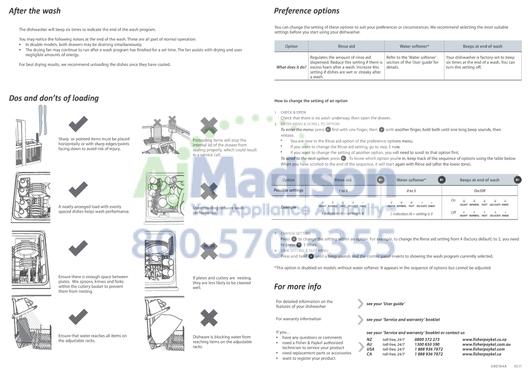 Fisher & Paykel DD60S(T)I7, DD36STI2, DD60DI7 After the wash, Preference options, Dos and don’ts of loading, For more info 