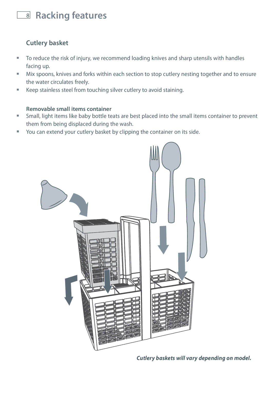 Fisher & Paykel DD60, DD36, DD90, DD24 manual Racking features, Cutlery basket, Removable small items container 