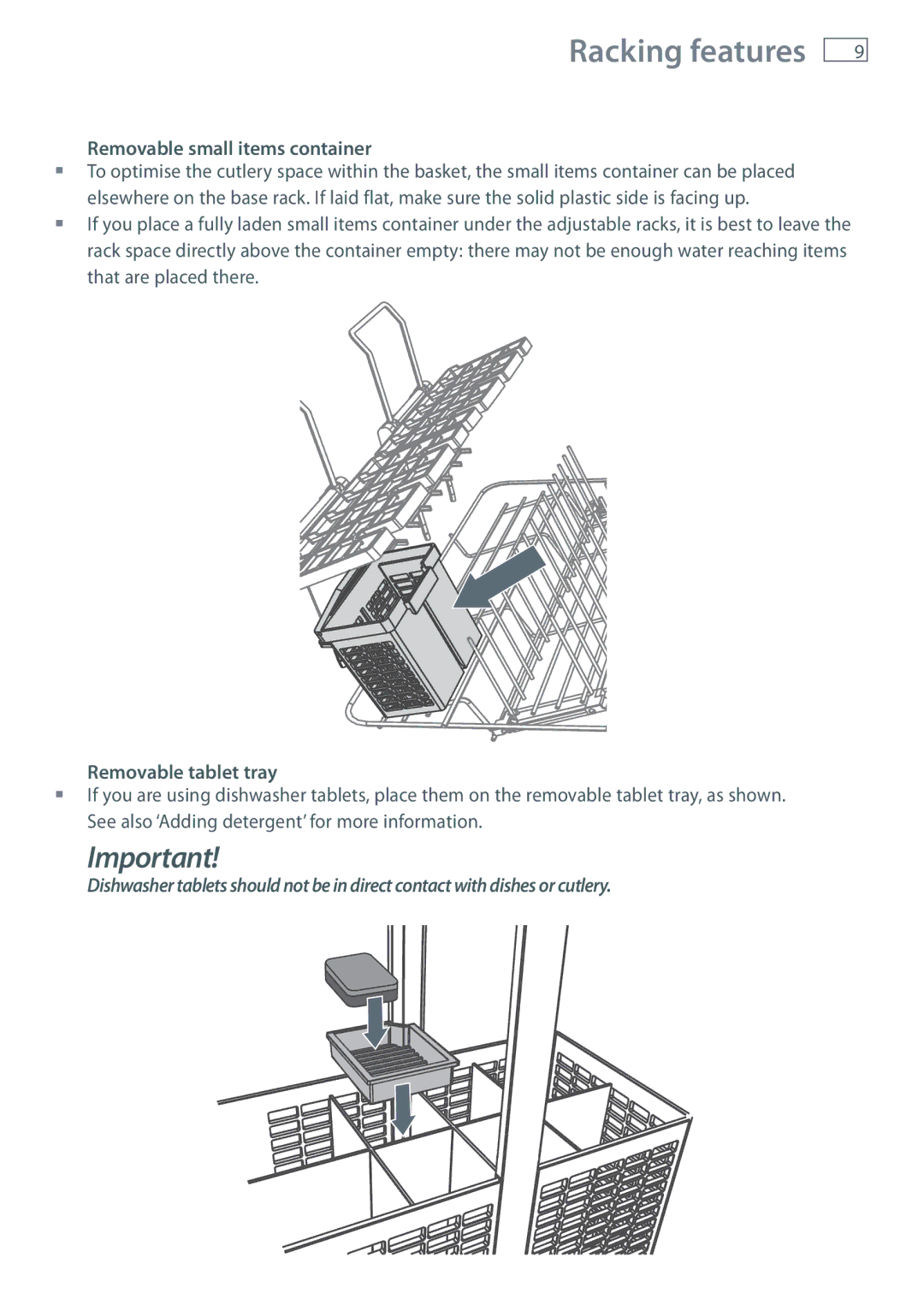 Fisher & Paykel DD36, DD60, DD90, DD24 manual Removable tablet tray 