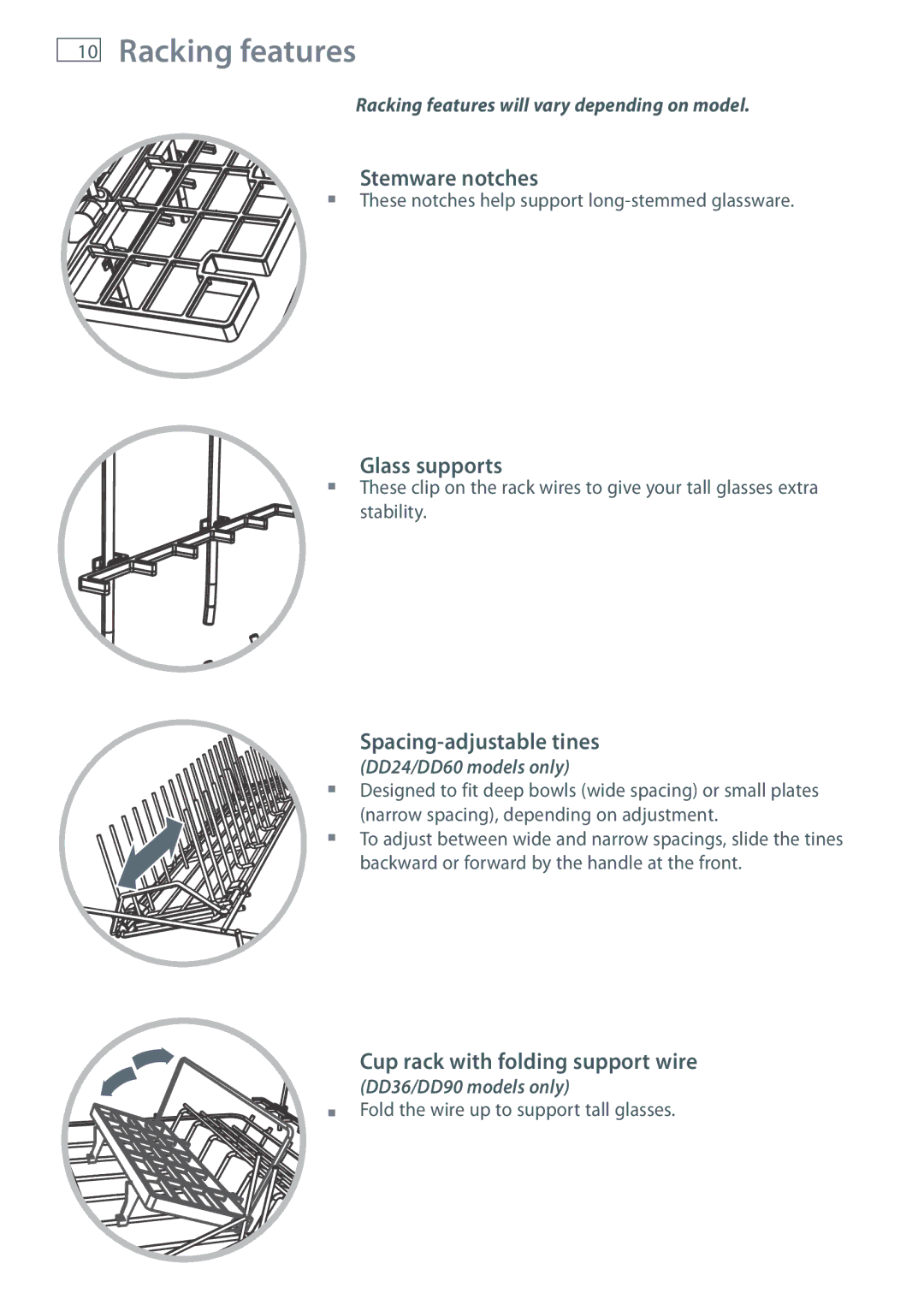 Fisher & Paykel DD90, DD60 Stemware notches, Glass supports, Spacing-adjustable tines, Cup rack with folding support wire 