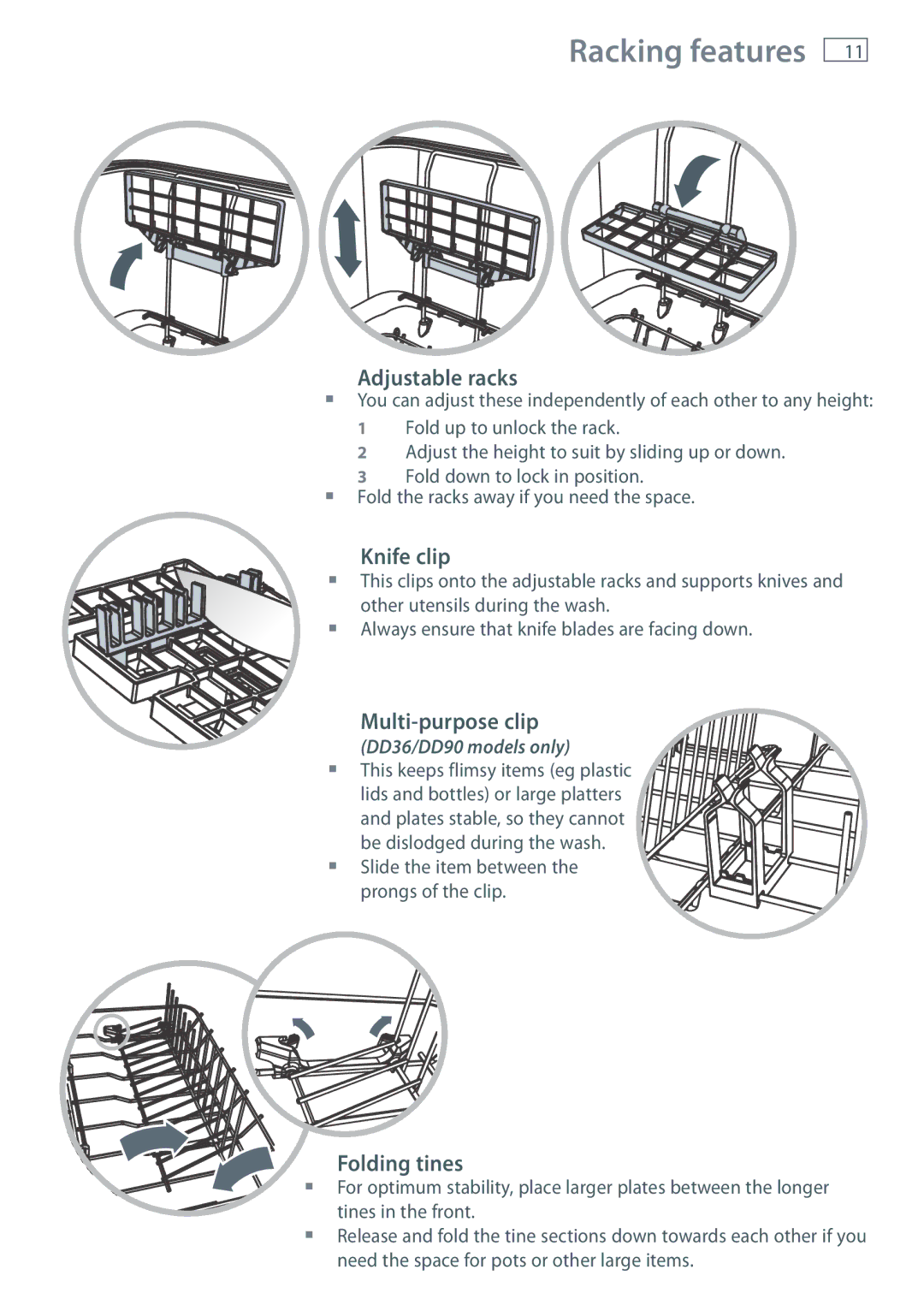 Fisher & Paykel DD24, DD60, DD36, DD90 manual Adjustable racks, Knife clip, Folding tines 