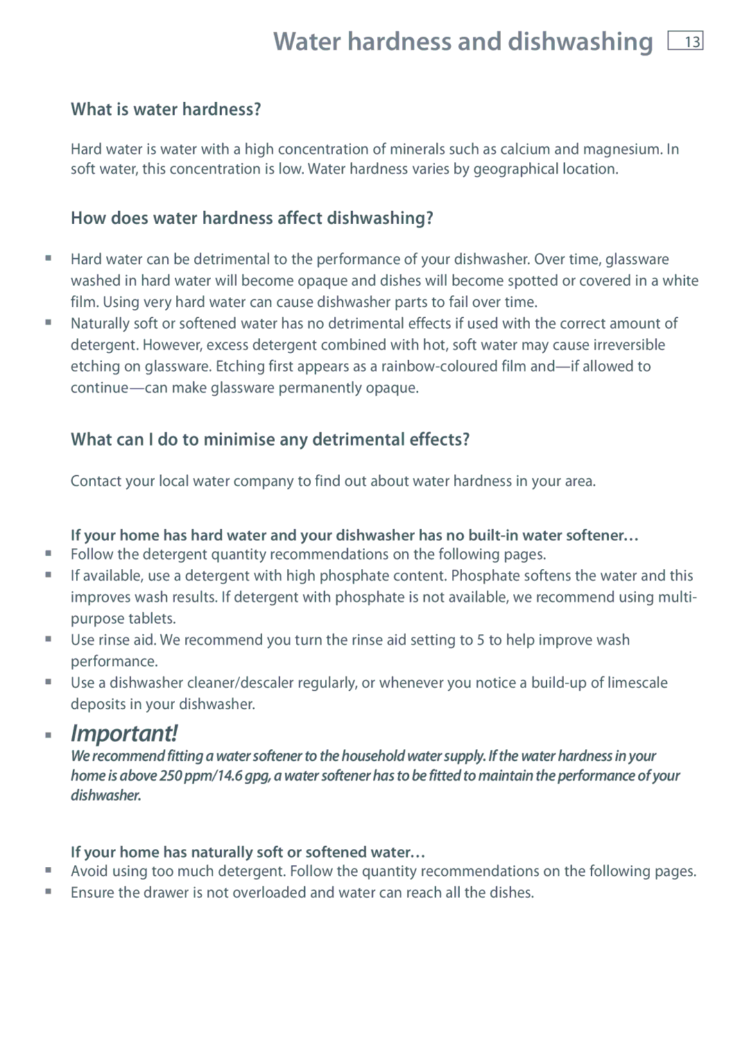 Fisher & Paykel DD36, DD60, DD90, DD24 manual What is water hardness?, How does water hardness affect dishwashing? 