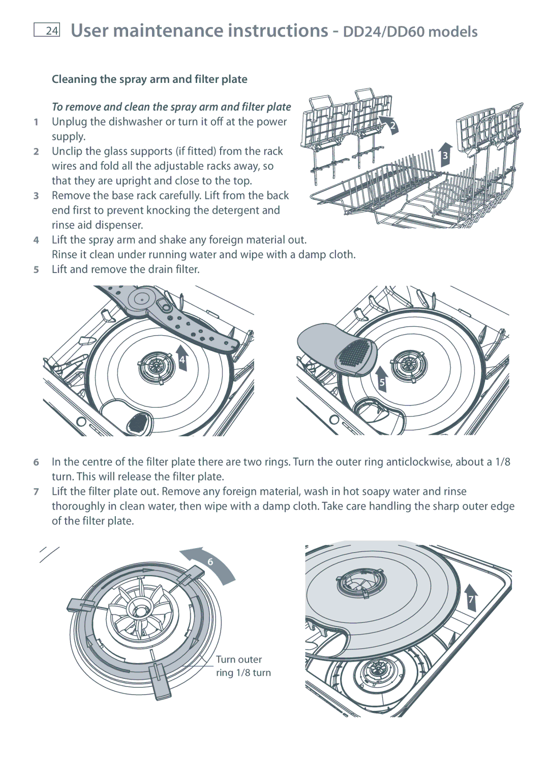 Fisher & Paykel DD60, DD36 Cleaning the spray arm and filter plate, To remove and clean the spray arm and filter plate 