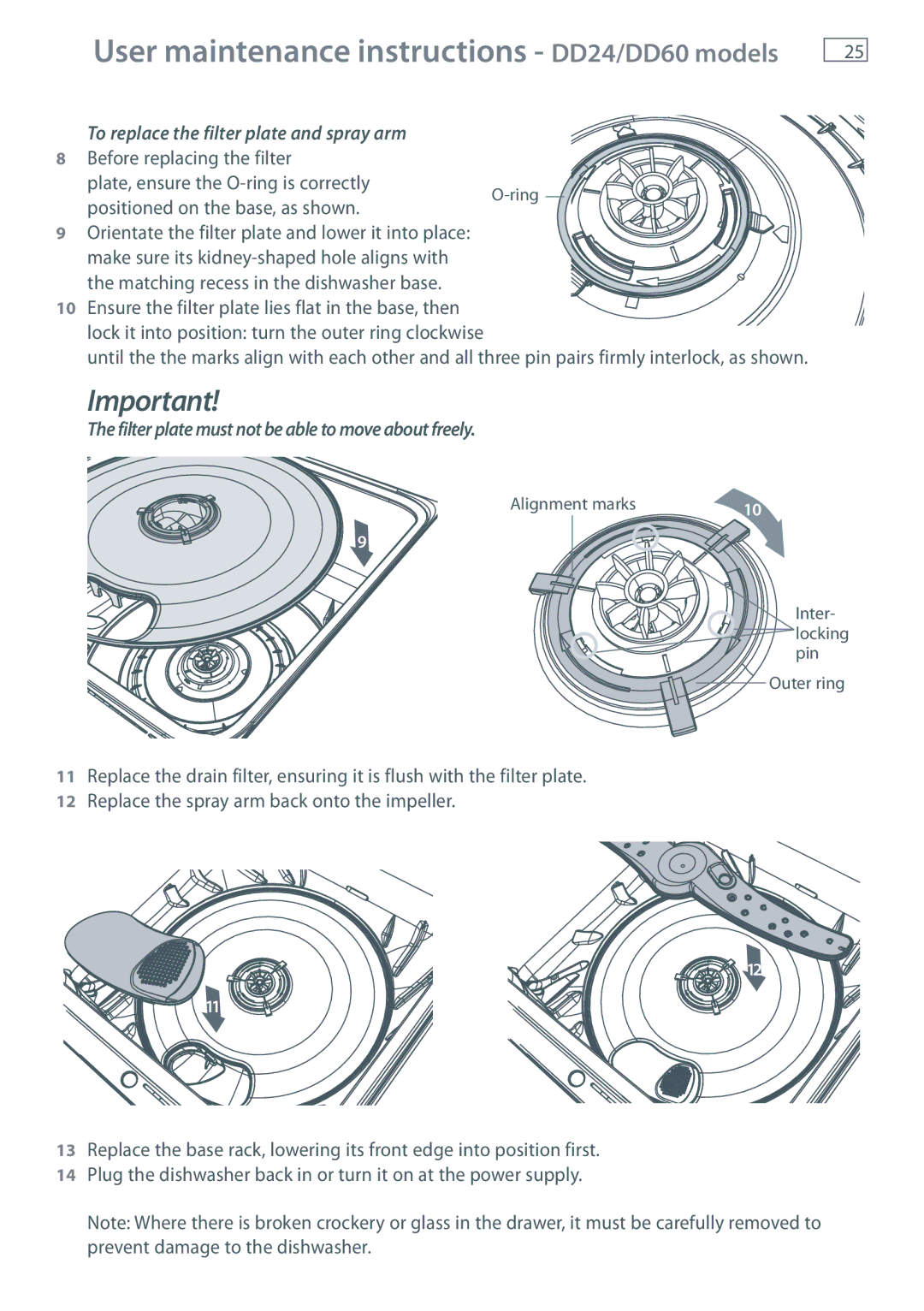 Fisher & Paykel DD36, DD60 To replace the filter plate and spray arm, Filter plate must not be able to move about freely 