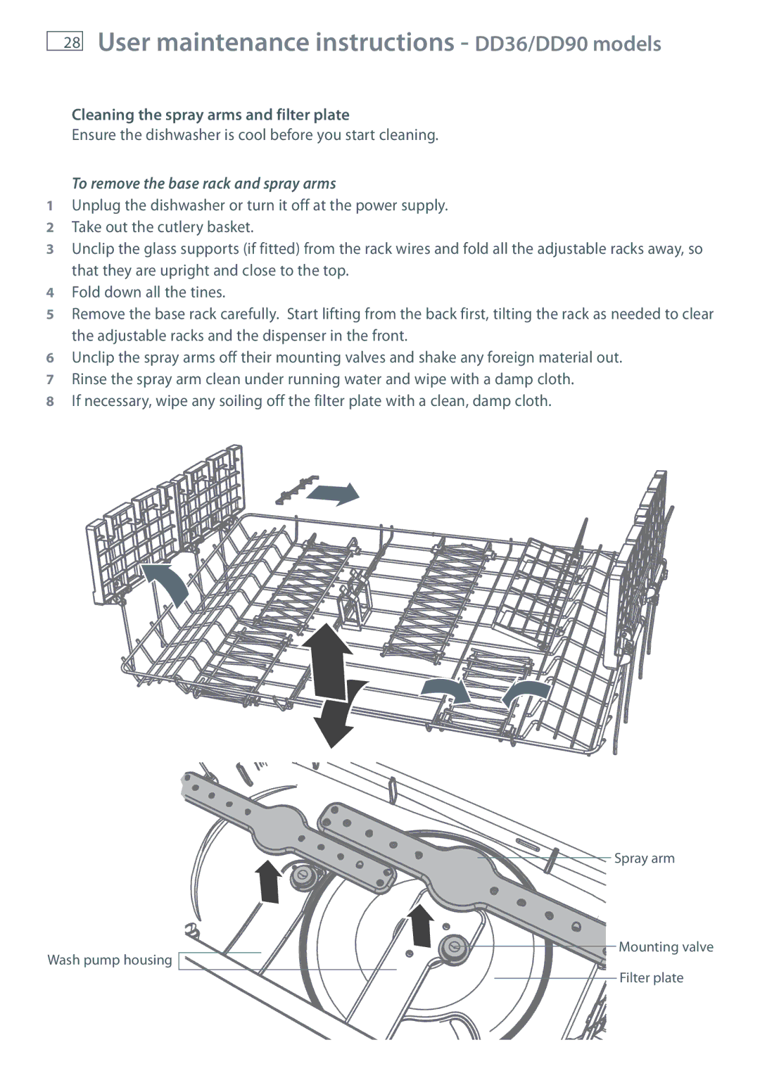 Fisher & Paykel DD60, DD36, DD90, DD24 manual Cleaning the spray arms and filter plate, To remove the base rack and spray arms 