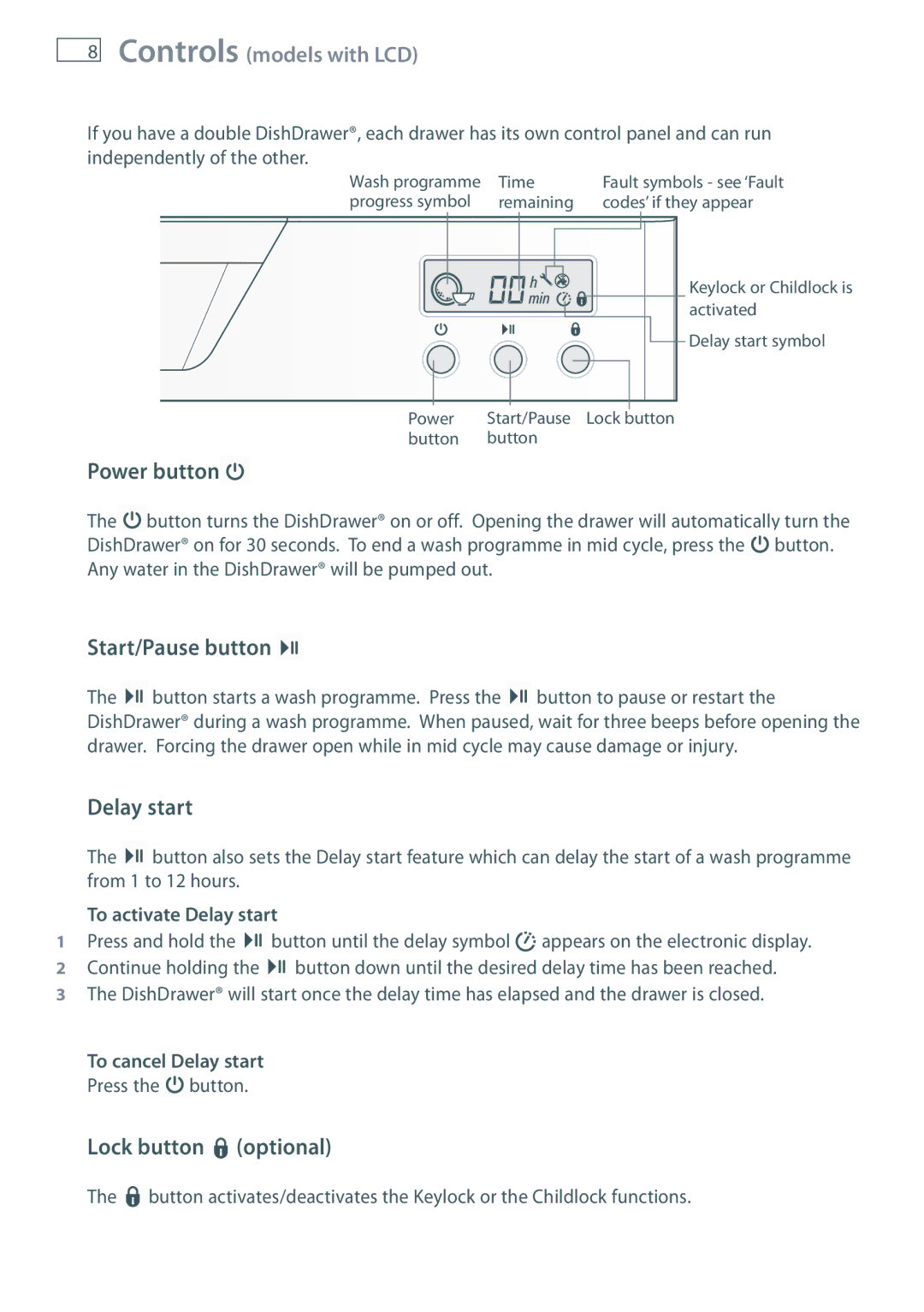 Fisher & Paykel DD60 manual Lock button optional, Controls models with LCD 