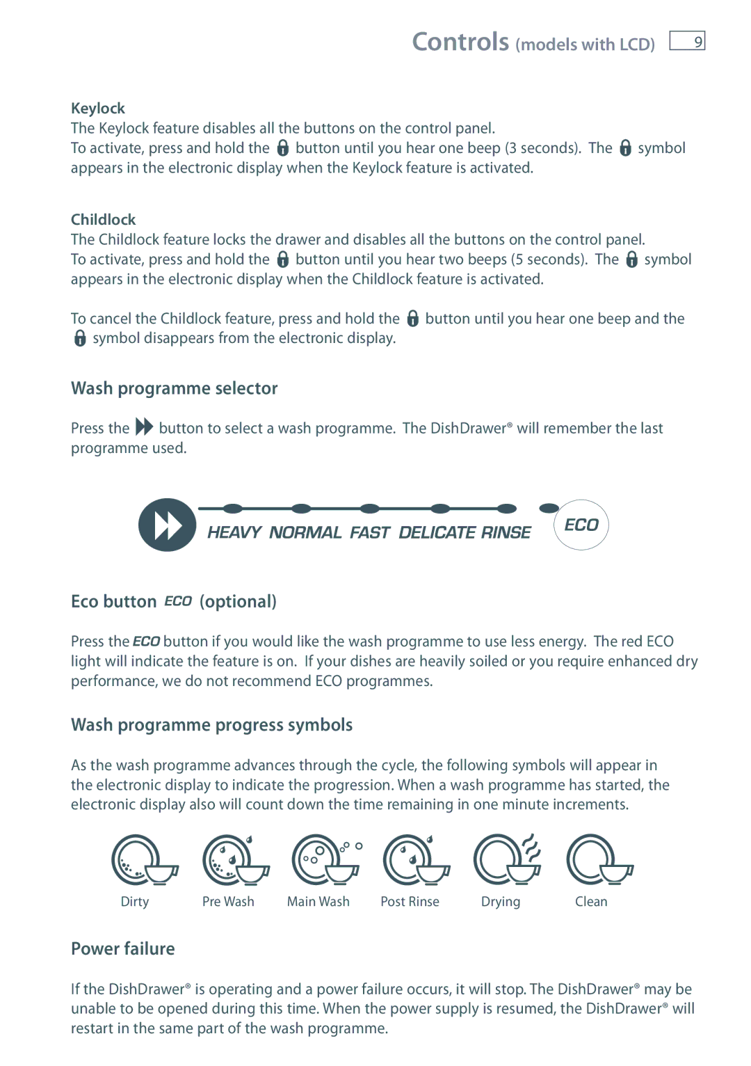 Fisher & Paykel DD60 manual Wash programme progress symbols, Keylock, Childlock 