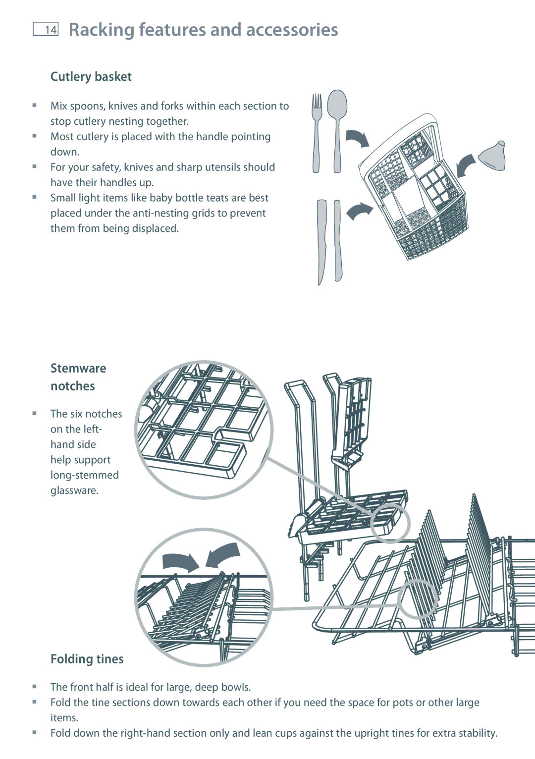 Fisher & Paykel DD60 manual Racking features and accessories, Cutlery basket, Folding tines, Stemware notches 