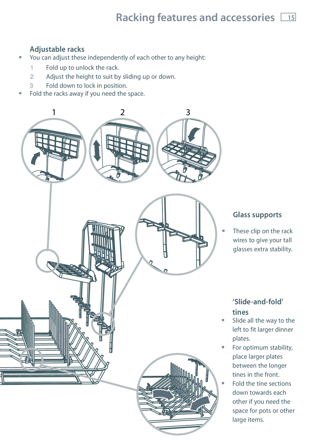 Fisher & Paykel DD60 manual Adjustable racks, Glass supports, ‘Slide-and-fold’ tines 