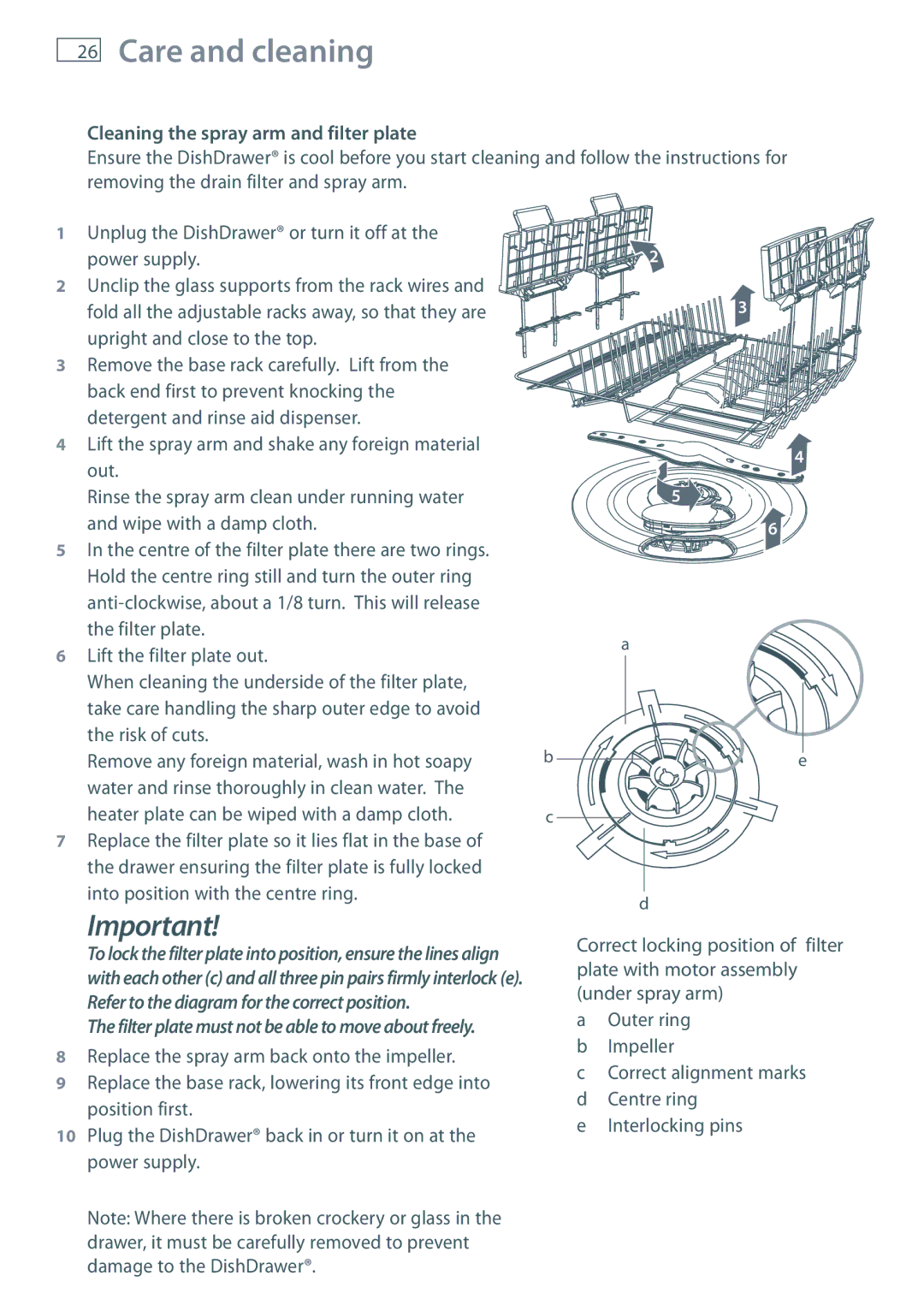 Fisher & Paykel DD60 manual Cleaning the spray arm and filter plate, Refer to the diagram for the correct position 