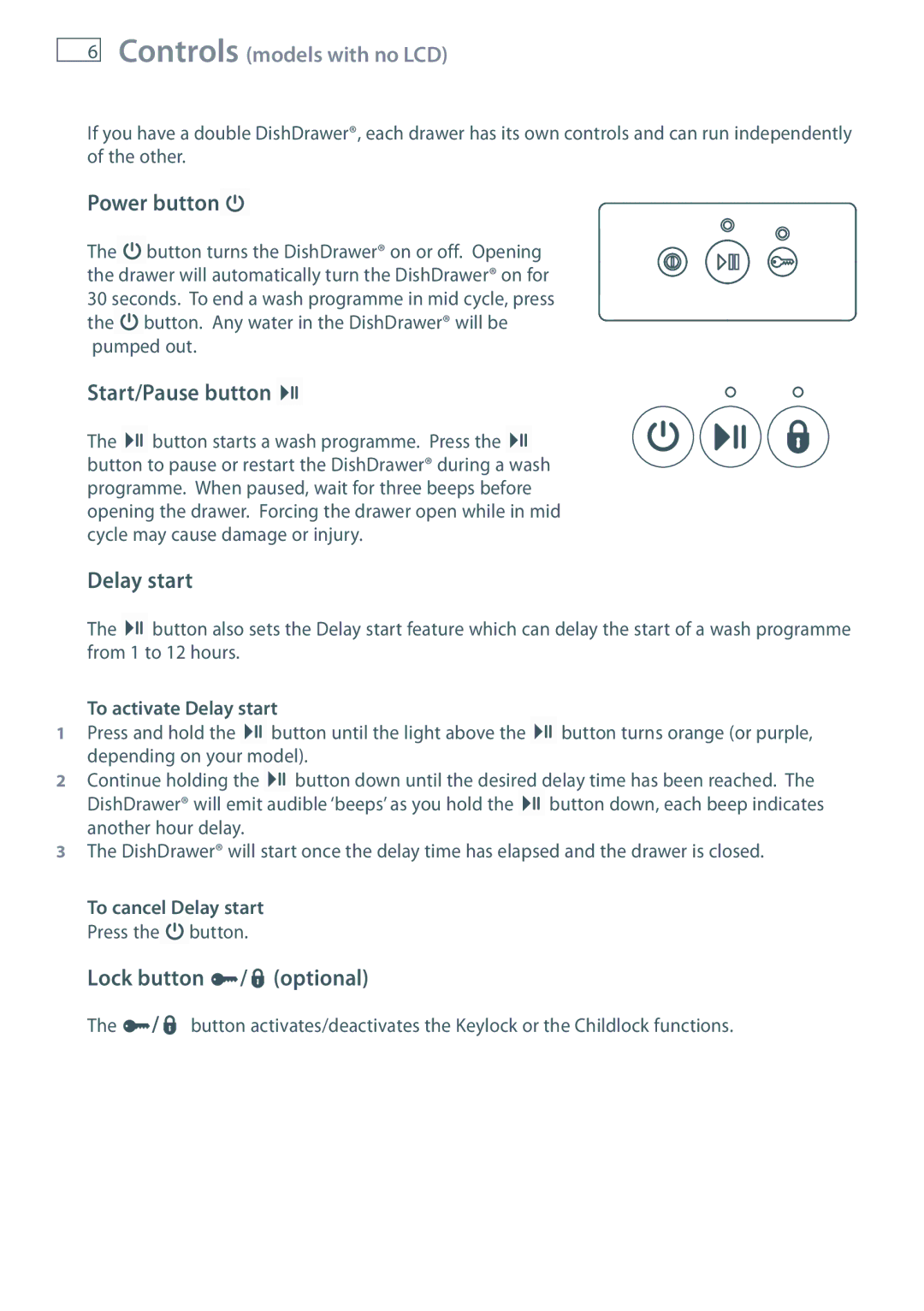 Fisher & Paykel DD60 manual Power button, Start/Pause button, Delay start, Lock button / optional 
