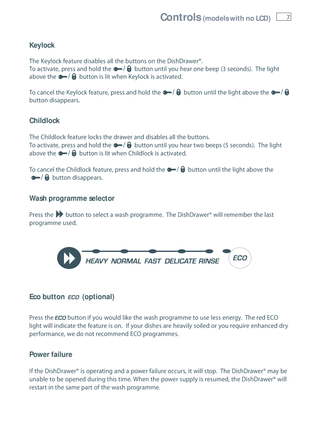 Fisher & Paykel DD60 manual Keylock, Childlock, Wash programme selector, Eco button optional, Power failure 