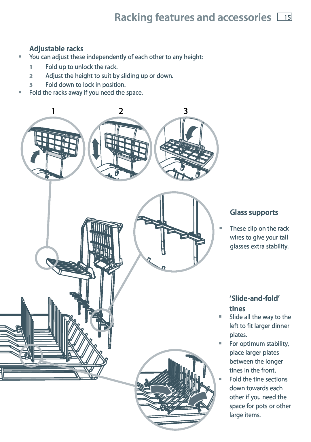 Fisher & Paykel DD60 manual Racking features and accessories, Adjustable racks, Glass supports, ‘Slide-and-fold’ tines 