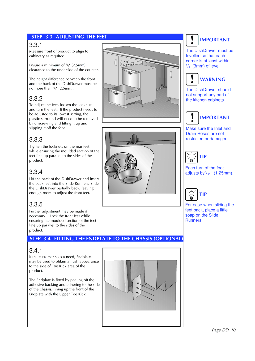 Fisher & Paykel DD602I manual Adjusting the Feet, DD10 