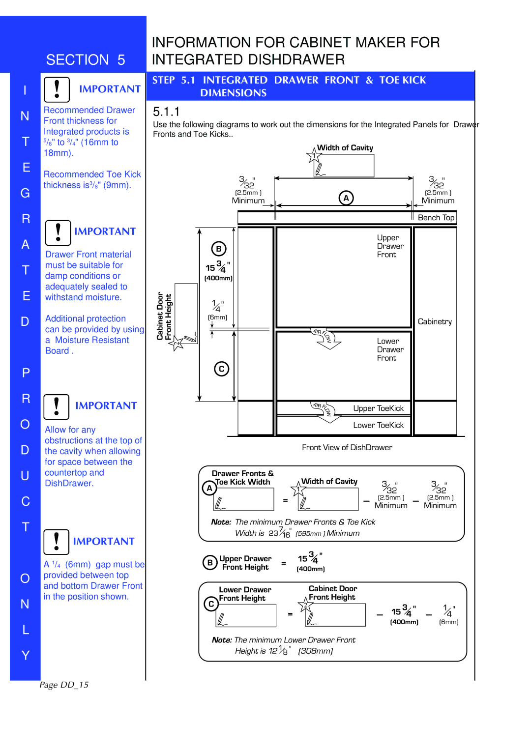 Fisher & Paykel DD602I manual Information for Cabinet Maker for Integrated Dishdrawer, DD15 